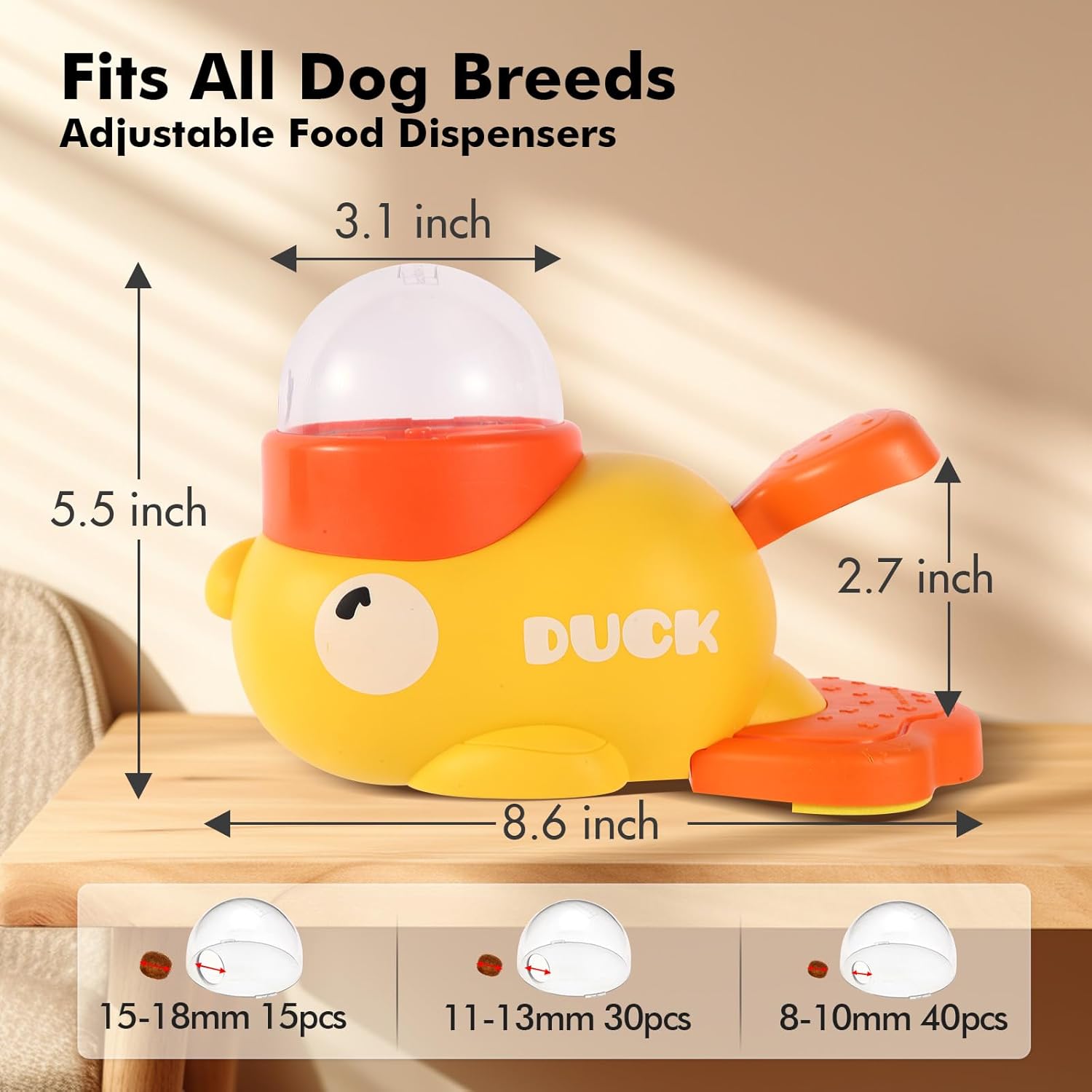 Yellow duck-shaped adjustable food dispenser with measurements on a wooden surface