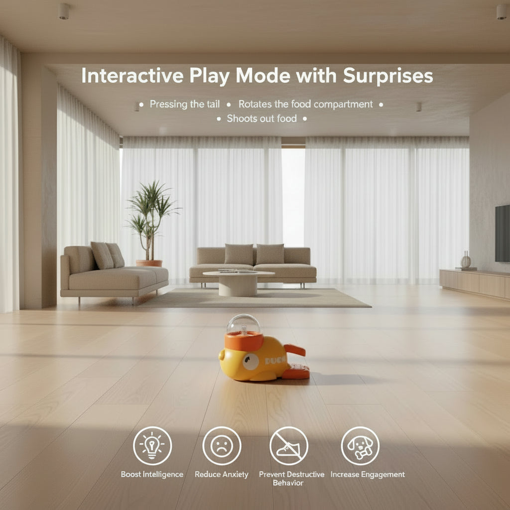 Dog toy with 'DUCK' branding on a wooden floor, featuring text about its interactive mode and benefits.