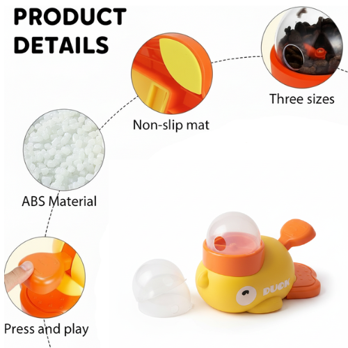 Product details of a toy with non-slip mat, ABS material, and press and play features.