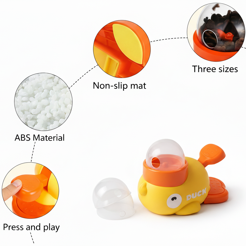 Product details of a yellow duck toy with non-slip mat, ABS material, and press and play feature on a white background.