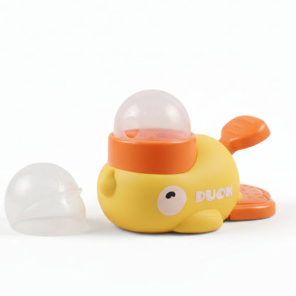 Yellow duck-shaped bath toy with an orange beak on a white background